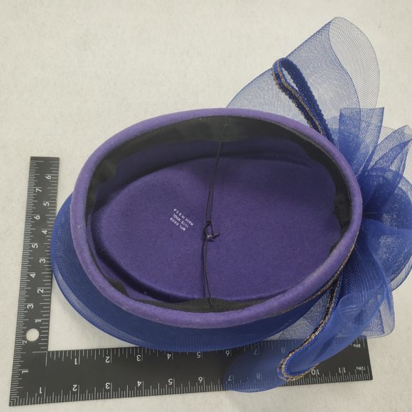 Vintage 80s Church Hat Oversize Bow Wool Felt Formal Tulle Blue Gold Sequins USA - Picture 12 of 14